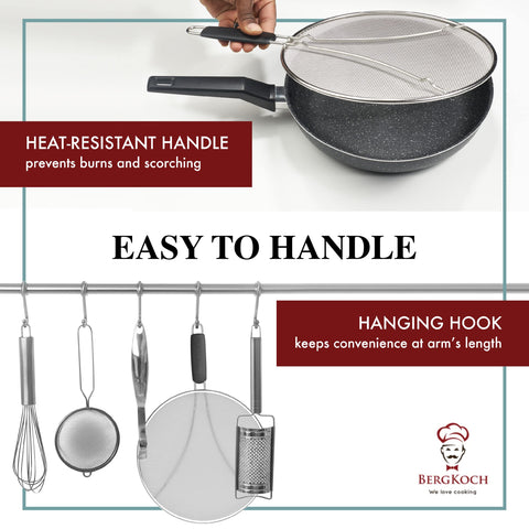 BergKoch splatter screen with plastic handle stays cool to touch