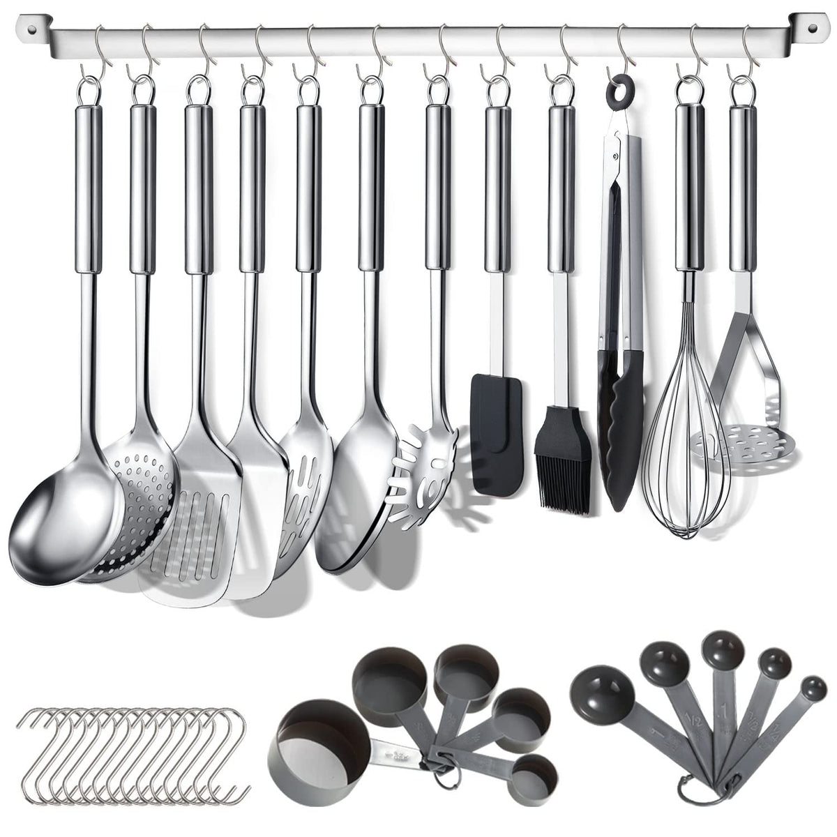Berglander 38-piece utensil set front view, durable stainless steel for daily cooking.