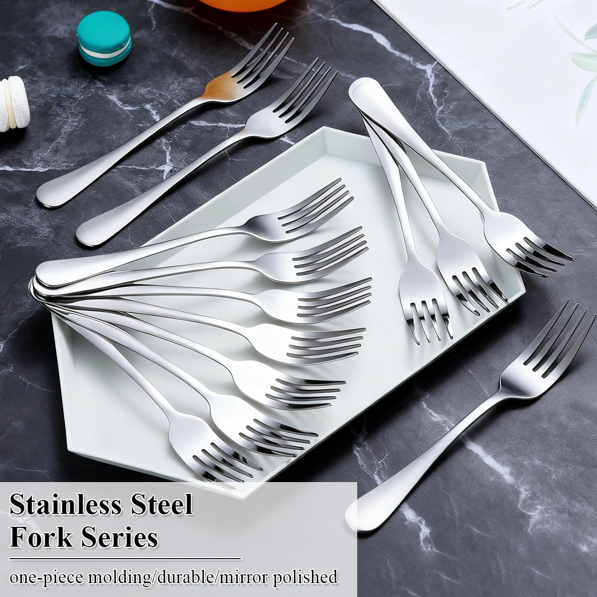 Berglander dishwasher-safe salad forks with polished surface for easy cleanup.