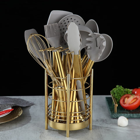 Berglander gold utensil holder close-up showing sturdy, stylish organization