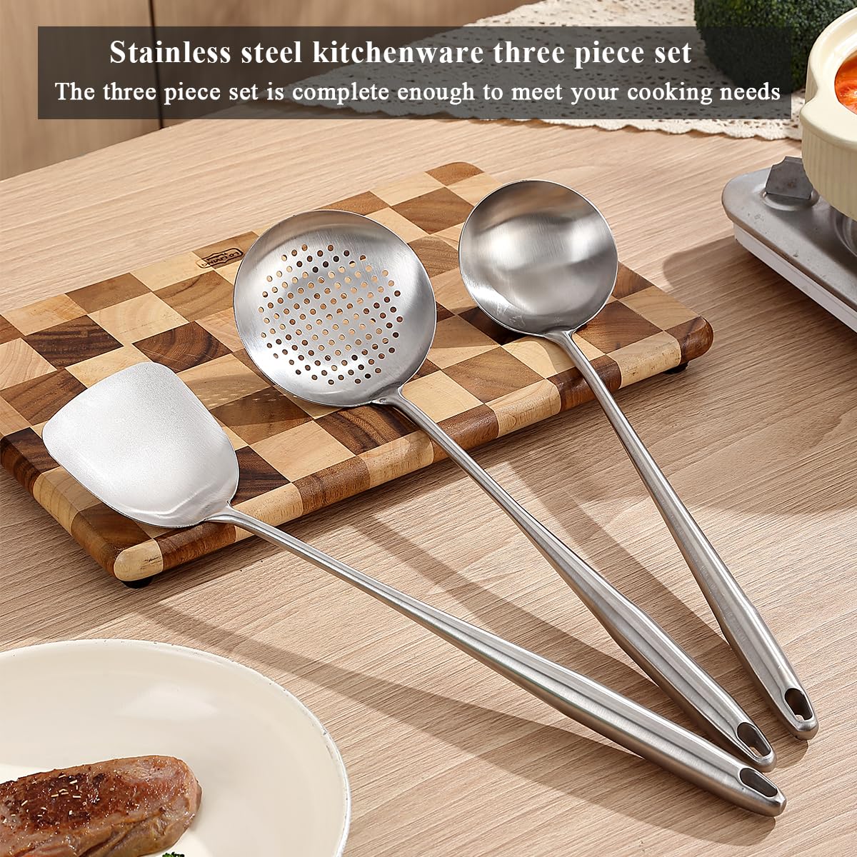 Berglander Wok Spatula Set skimmer for quick draining and lifting.