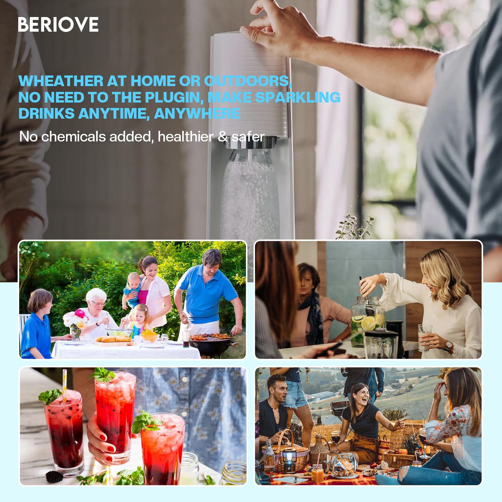 BERIOVE CO2 cylinder delivers crisp bubbles for refreshing sparkling drinks.