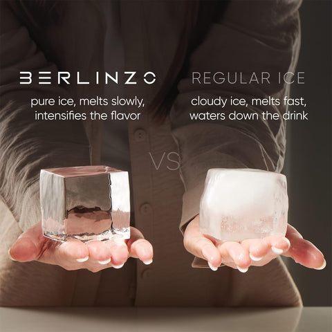 BERLINZO Extra-large 2.1-inch cubes keep drinks colder longer.