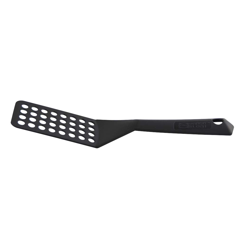 Berndes 9011 black slotted spatula showing a slim head designed for non-stick pans and easy lifting