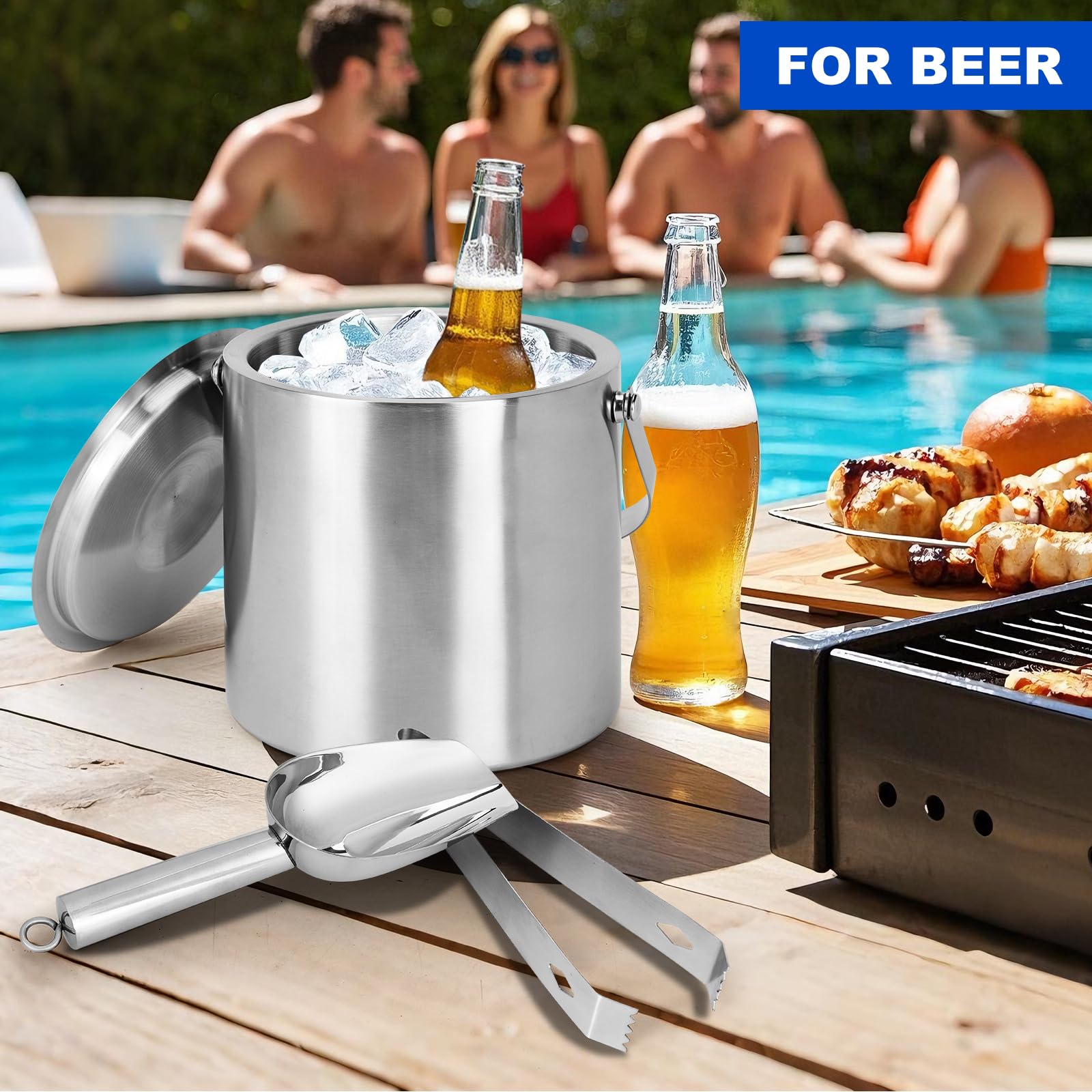 Berverra ice bucket with scoop and tongs for easy serving.