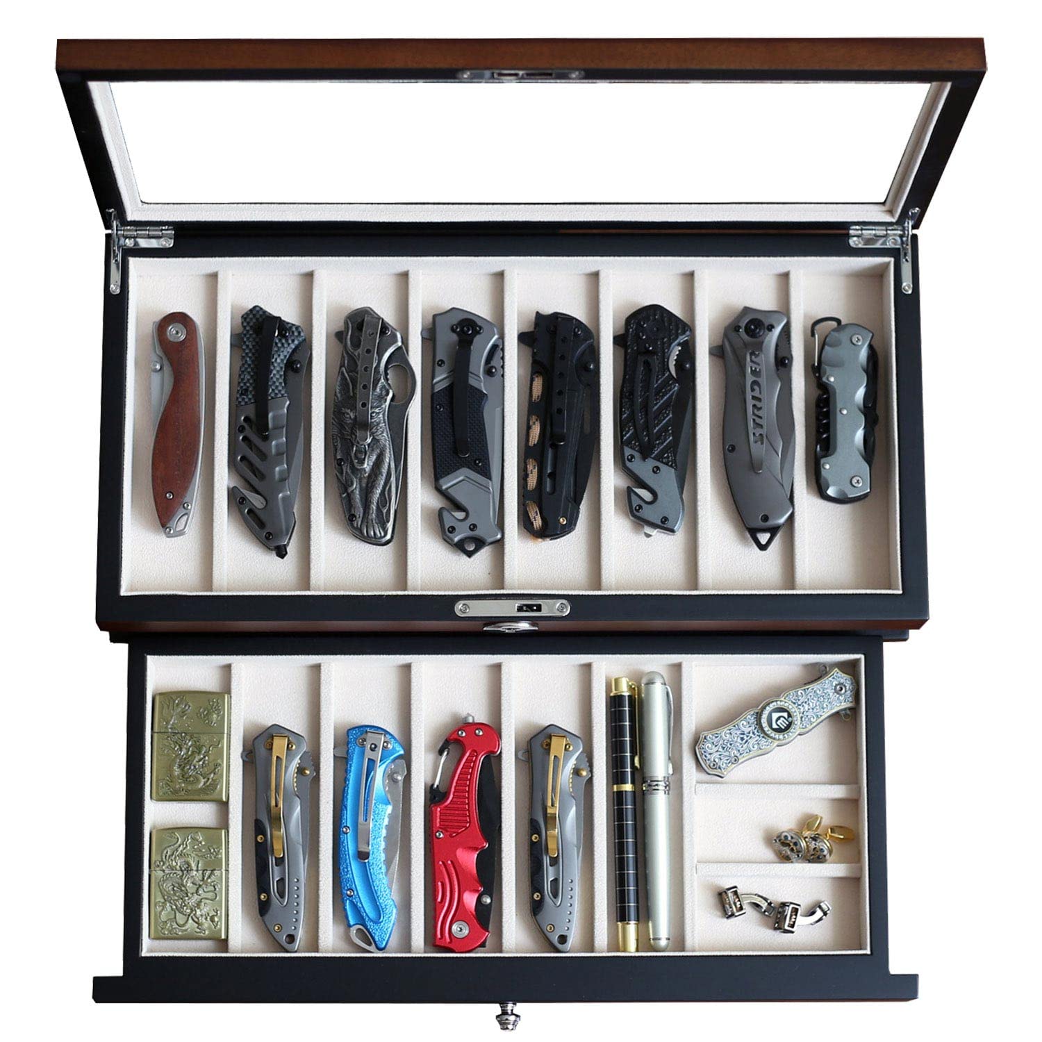 Besforu pocket knife display case with walnut top showcases blades securely.