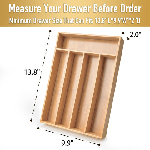 Besilord silverware organizer in a drawer with five deep slots.