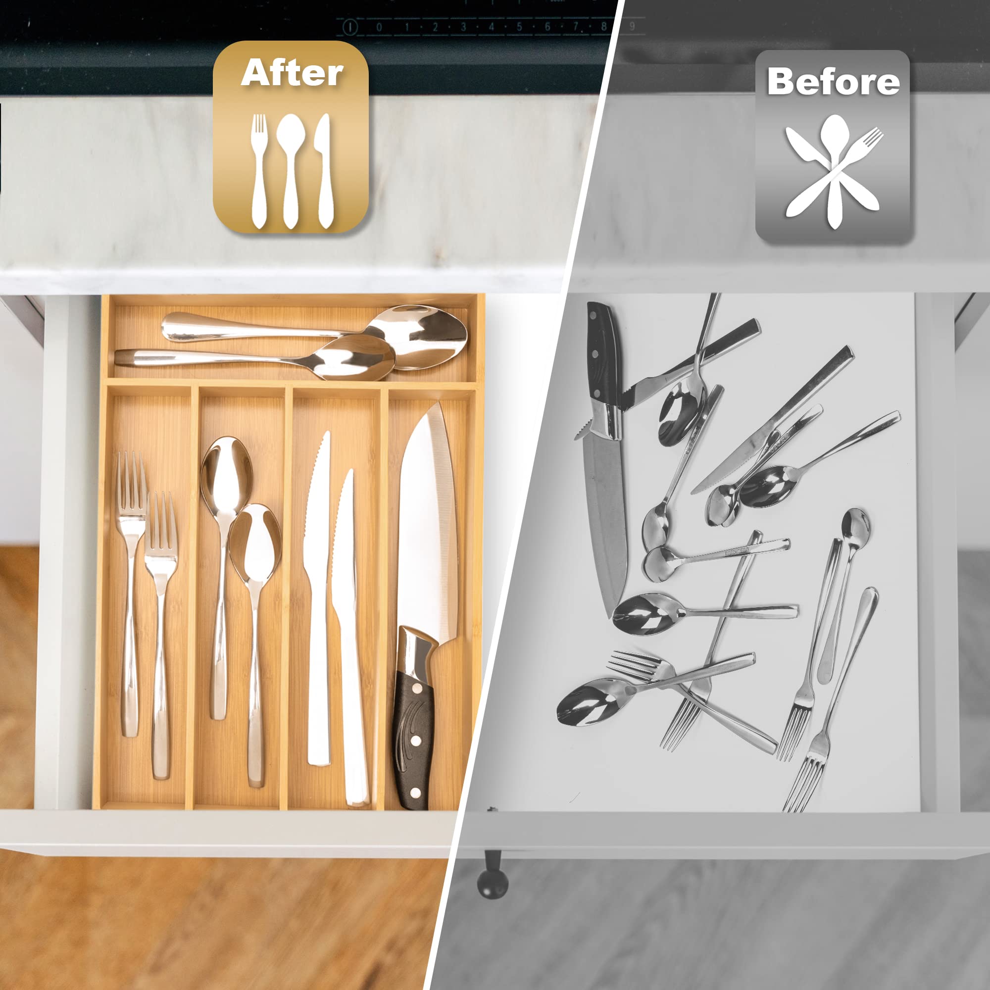 Five-slot drawer layout keeps utensils organized and easy to reach.