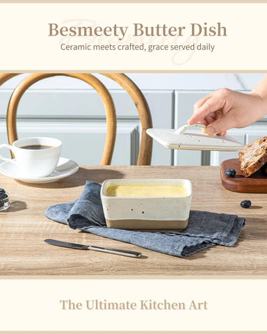 Besmeety porcelain butter dish is dishwasher safe for easy cleanup.