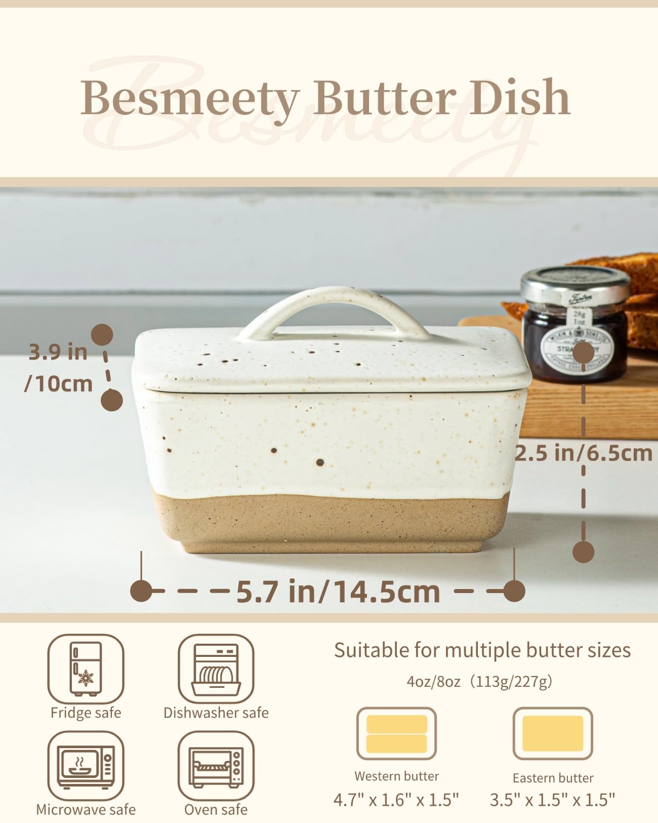 Besmeety white butter dish, 250g capacity, fits two sticks of butter.