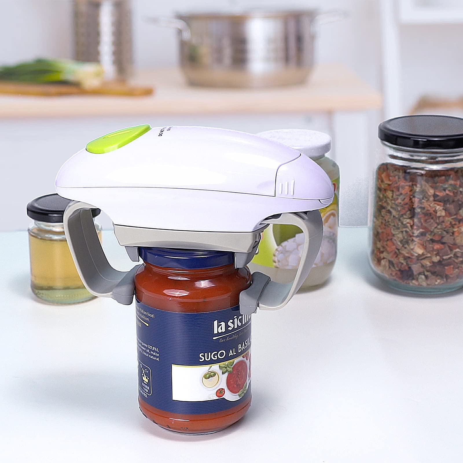 Besmon Opener beside sealed jar signals practical kitchen convenience.
