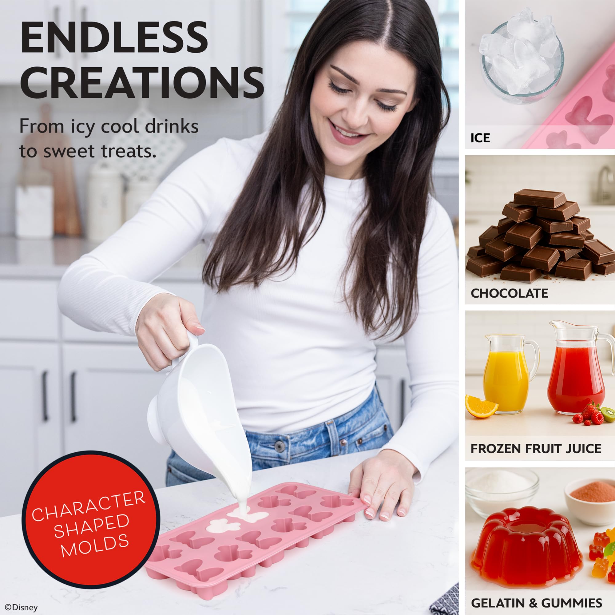 Best Brands Minnie Mouse ice tray pink – dishwasher-safe for quick cleanup.