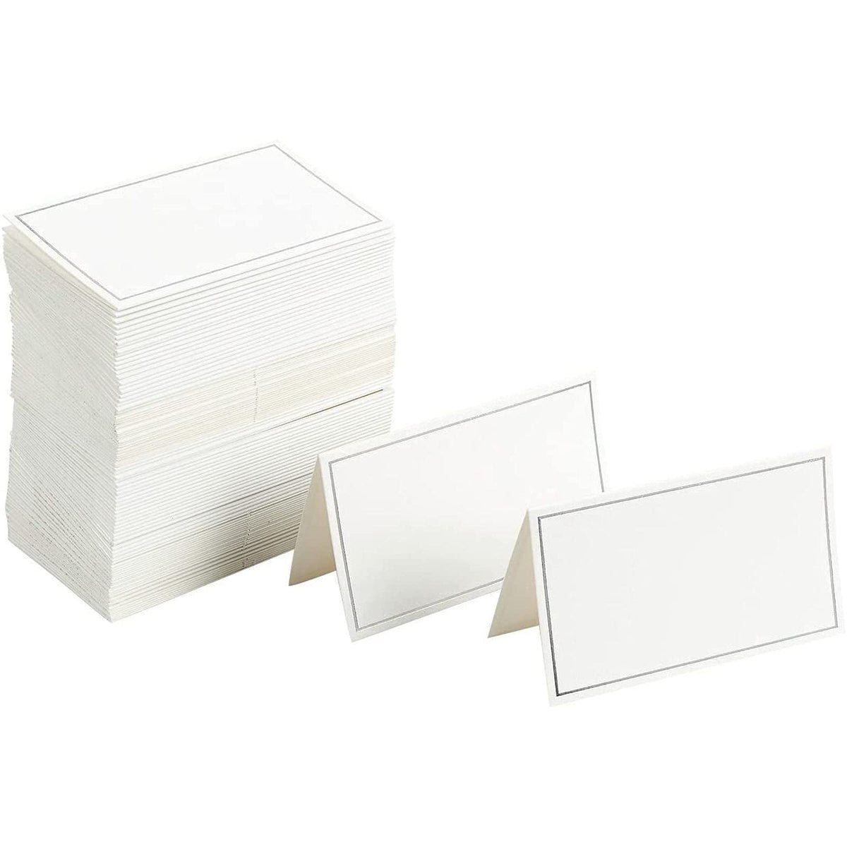 Best Paper Greetings folded place cards with white stock and silver foil border for events.