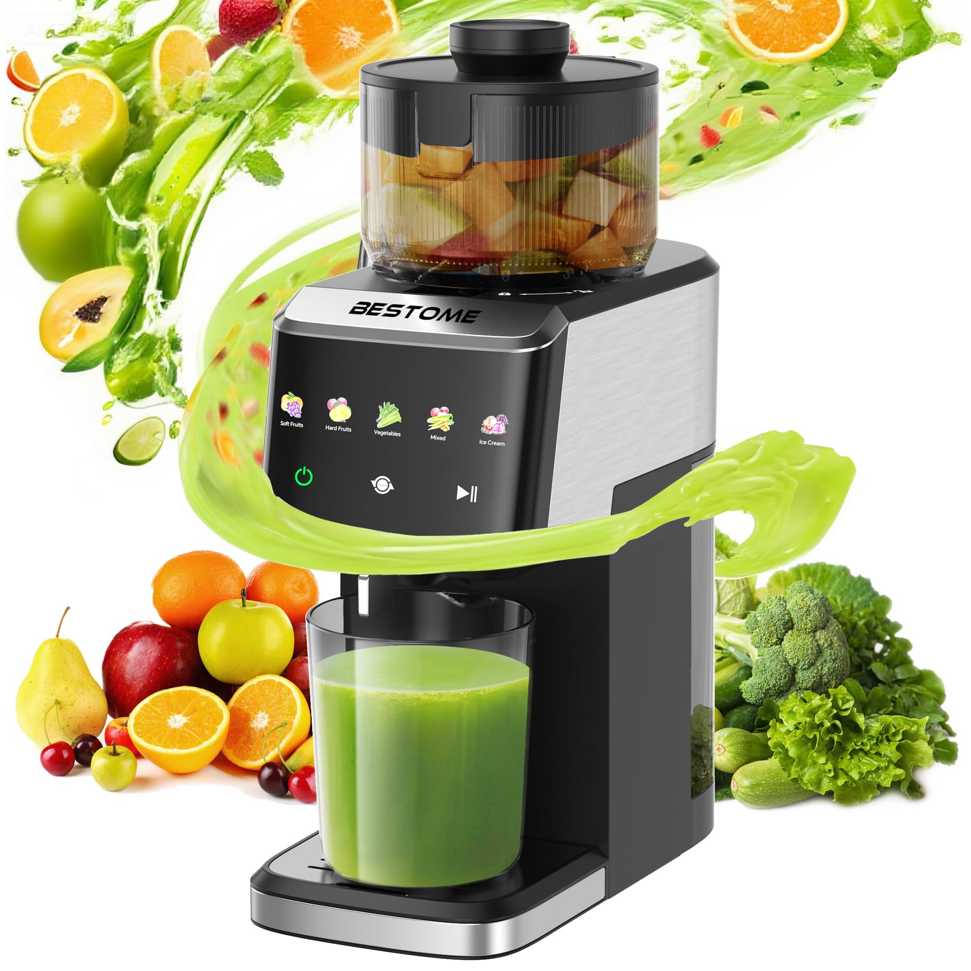 Bestome cold press juicer with wide feeding chute speeds juicing of whole fruits