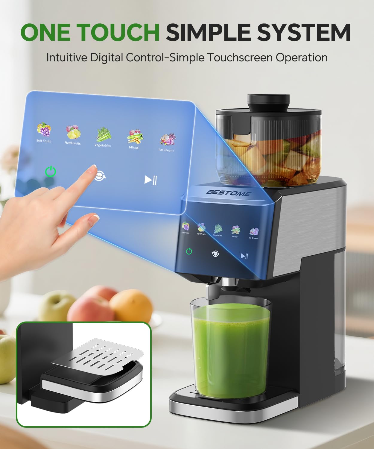 Bestome juicer separation system yields clean juice from greens and roots
