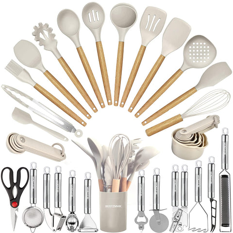 BESTZMWK 35-piece set featuring a slotted spatula for safe nonstick cooking.
