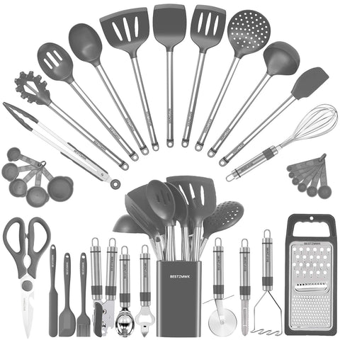 BESTZMWK Kitchen Utensil Set Grey, nonstick-safe silicone heads and stainless steel handles