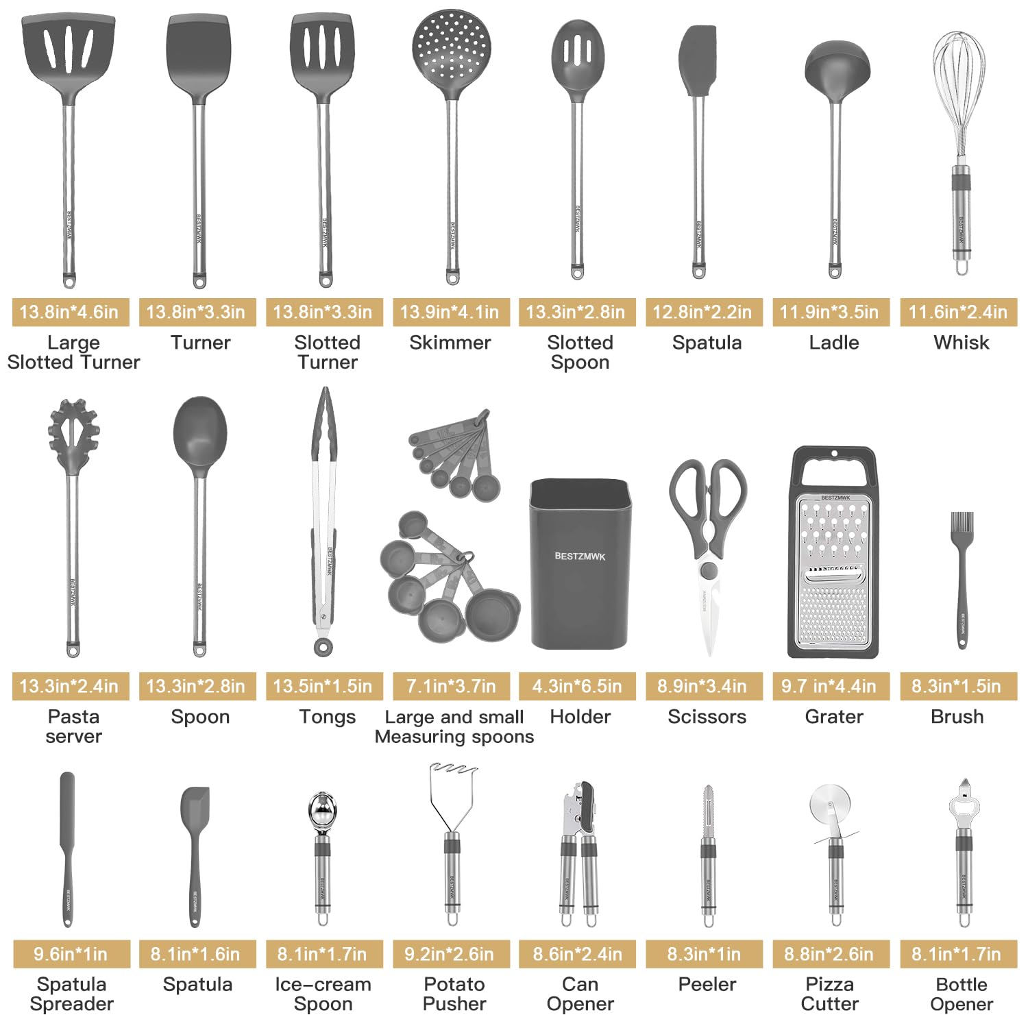 33-piece BESTZMWK set laid out for easy cooking tasks and storage