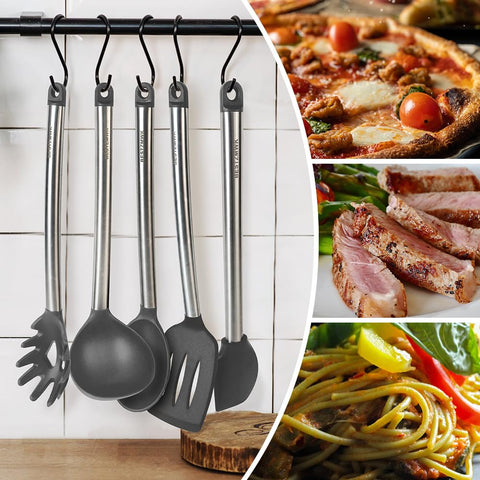 Dishwasher-safe utensils with hanging holes for space-saving storage