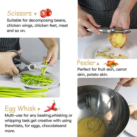 Includes peeler, grater, whisk, and measuring spoons for versatile prep