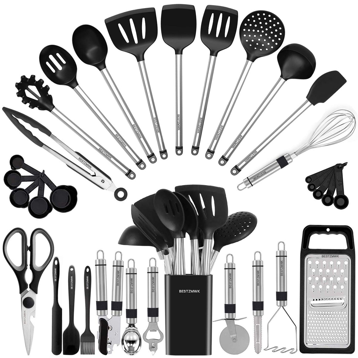 BESTZMWK kitchen utensil set unpacked for everyday cooking tasks.