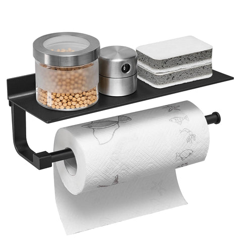 BESy adhesive paper towel holder wall mounted 13in with shelf for easy kitchen access.