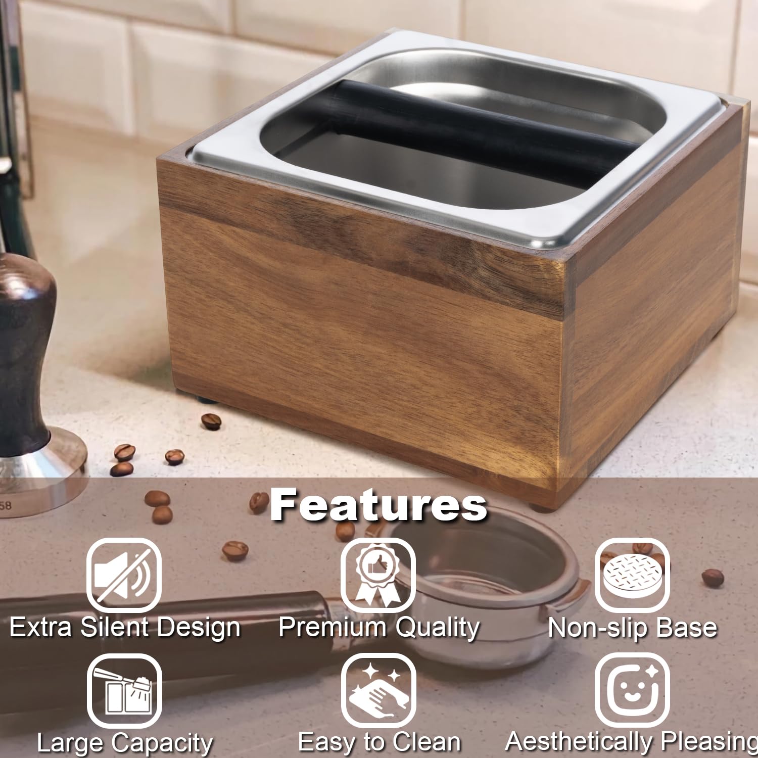 Beszone knock box espresso acacia wood shell shows natural grain and durability.