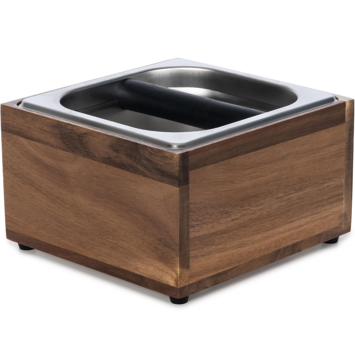 Beszone knock box espresso with acacia wood dump bin for quiet puck disposal.