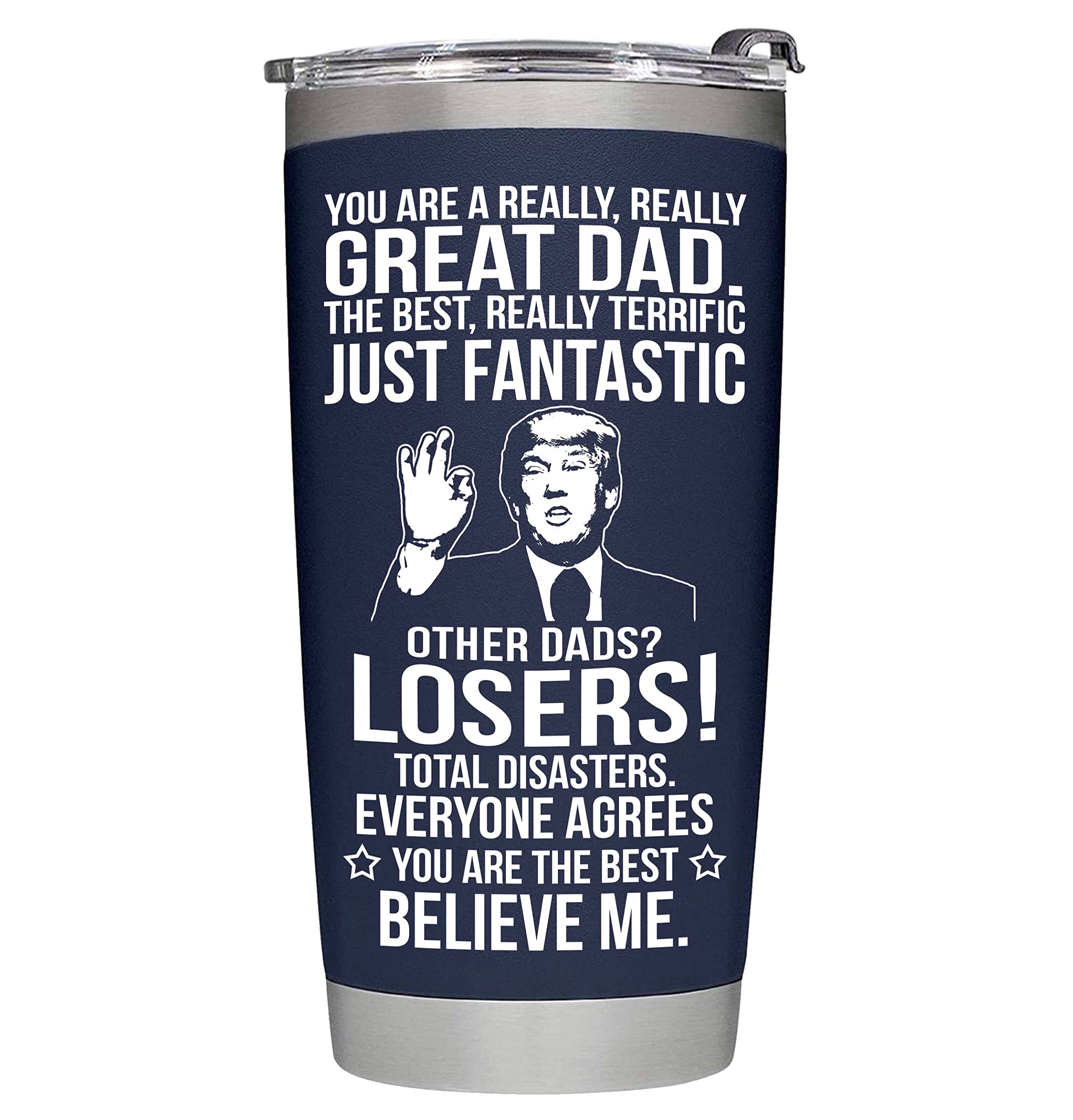 BETHEGIFT 20oz navy dad tumbler with double-wall insulation keeps drinks at the right temperature.