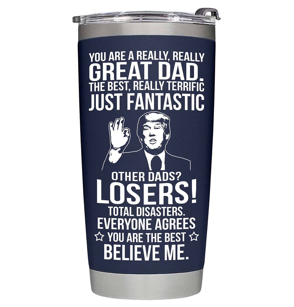BETHEGIFT 20oz navy dad tumbler with double-wall insulation keeps drinks at the right temperature.