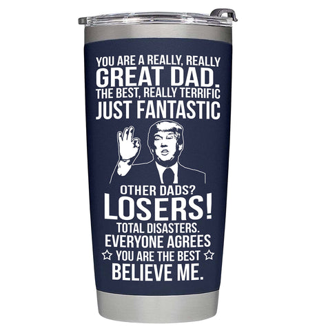 BETHEGIFT 20oz navy dad tumbler with double-wall insulation keeps drinks at the right temperature.