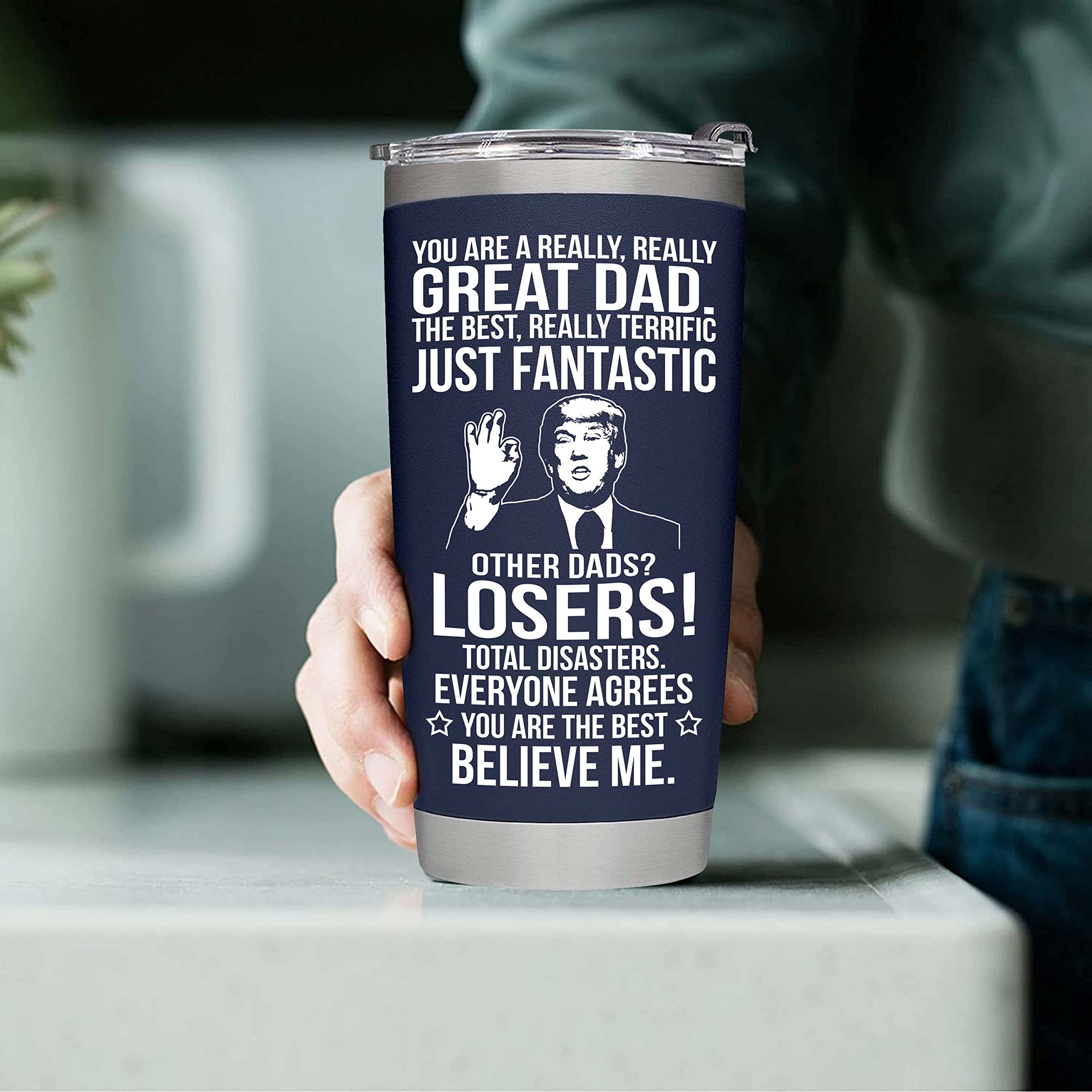 BETHEGIFT 20oz navy tumbler close-up demonstrates customization potential.