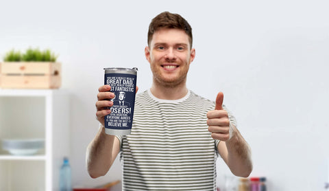 BETHEGIFT dad tumbler in use during commute, boating, or backyard gatherings.