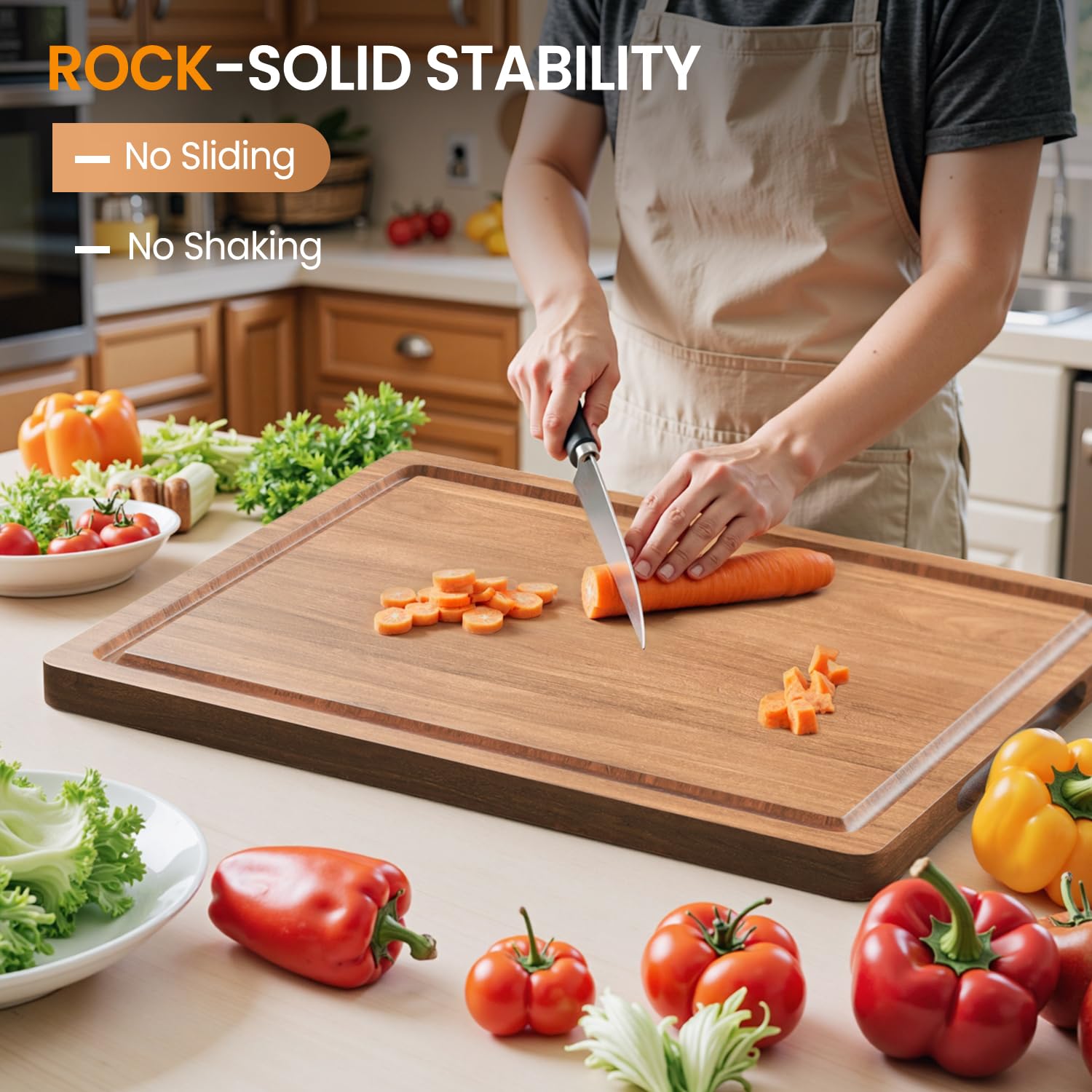 BETOLEAN acacia cutting board inner handles for easy grip while slicing.
