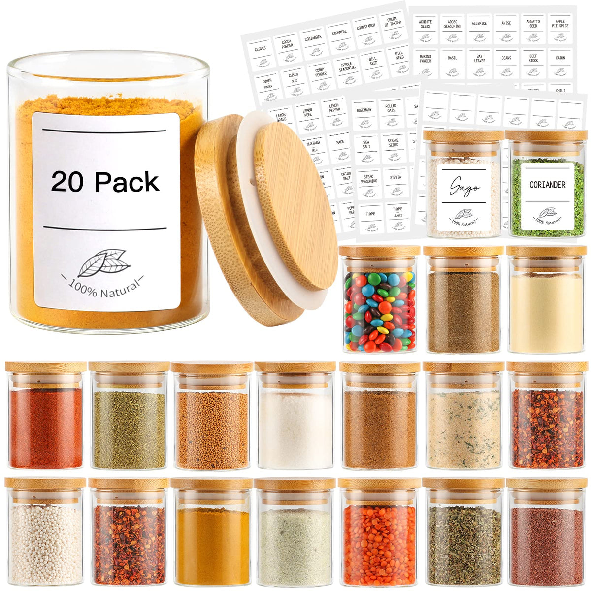 Betrome 4oz glass spice jar with bamboo lid for organized pantry storage.
