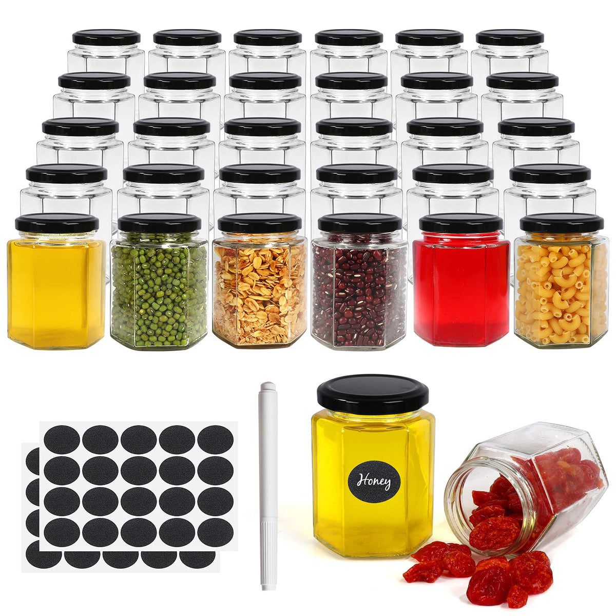 Betrome 6oz hexagon jar with black lid for airtight storage of jams or honey