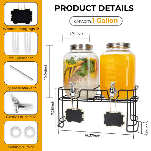 Betrome glass drink dispensers shown with metal stand for easy serving