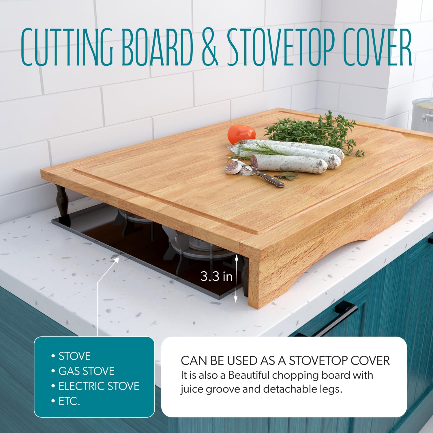 BETSEO stovetop cover with detachable legs offering stable prep surface