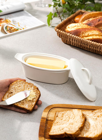 Better Butter porcelain white butter keeper shown as a stylish kitchen display.
