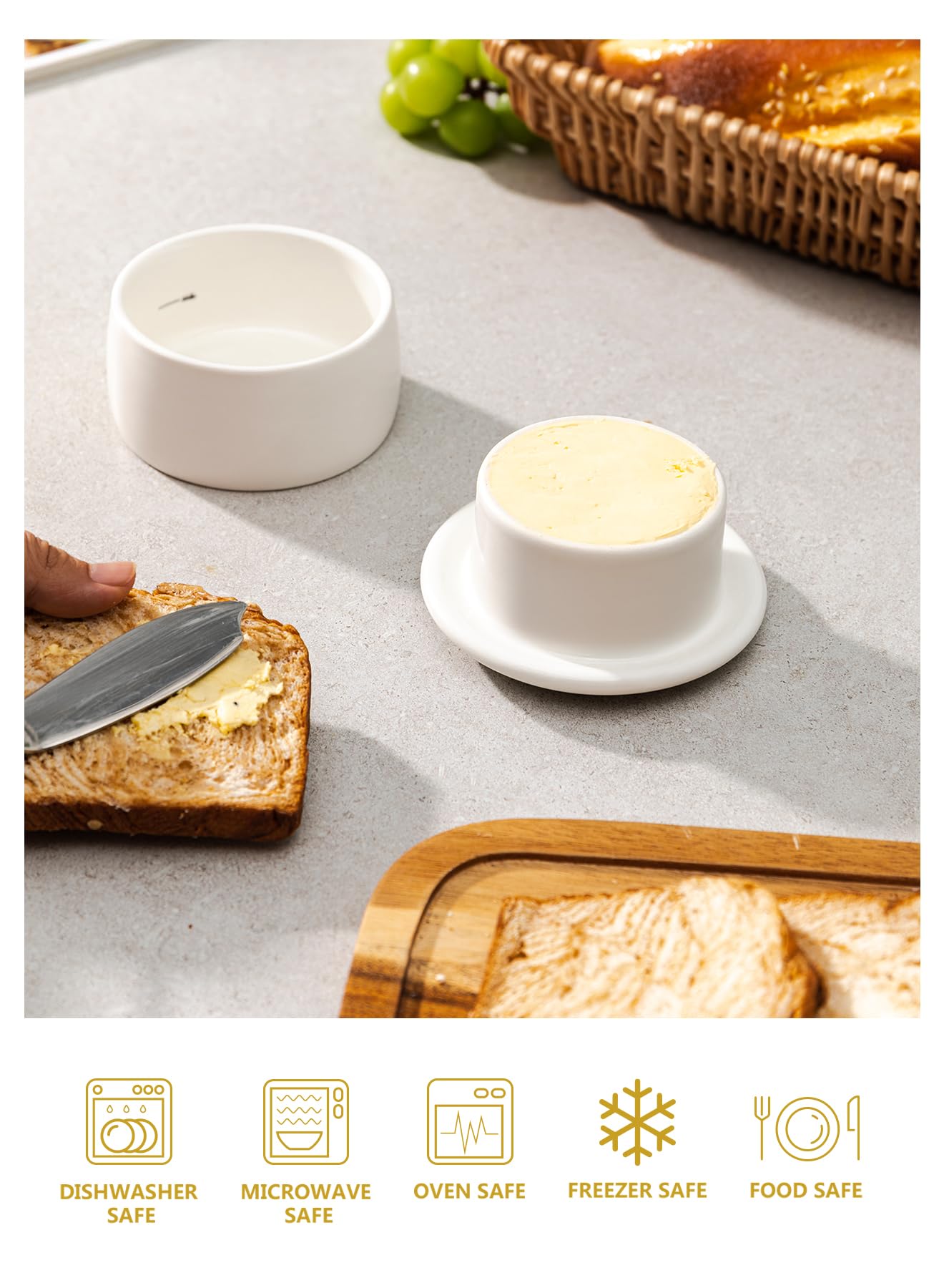 Better Butter white butter crock closeup highlights compact size and timeless style