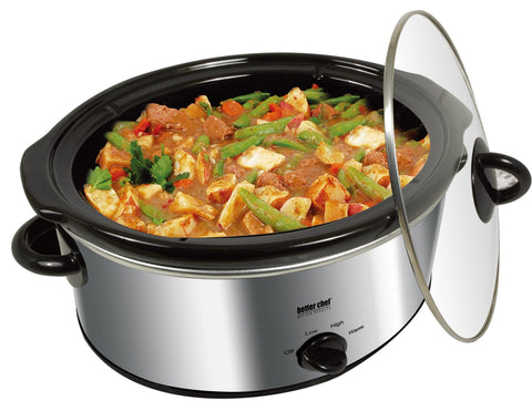Better Chef enamel stoneware insert with glass lid, promotes even cooking and easy serving.