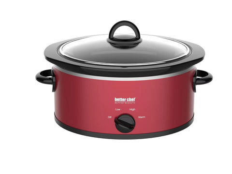 Better Chef oval slow cooker with red enamel stoneware for easy meals.