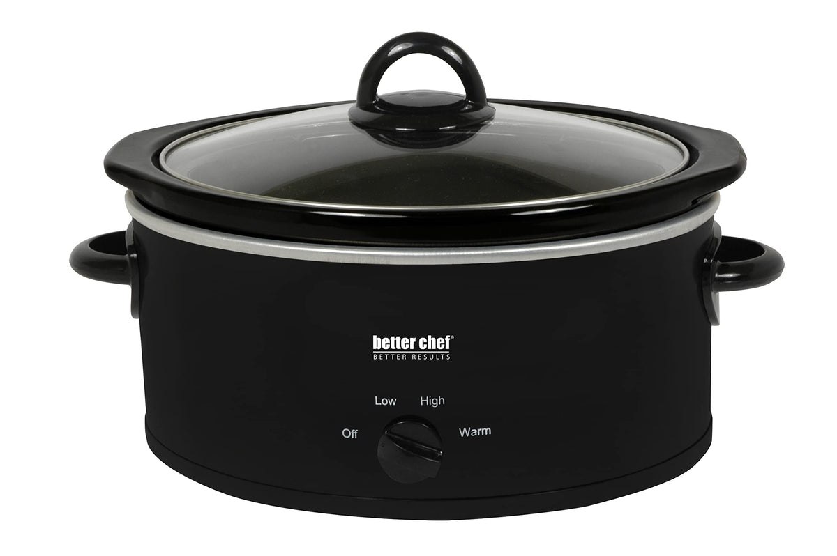 Better Chef oval slow cooker with 3-quart capacity and enamel stoneware insert for easy meals.
