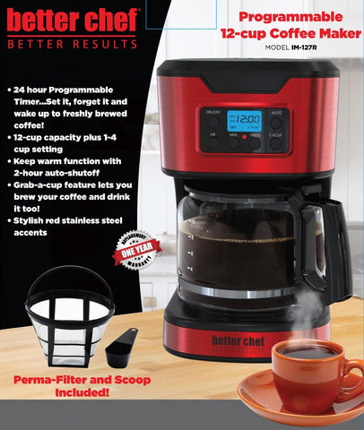 Better Chef Programmable 12-Cup Coffee Maker digital display shows easy programming and brew timing