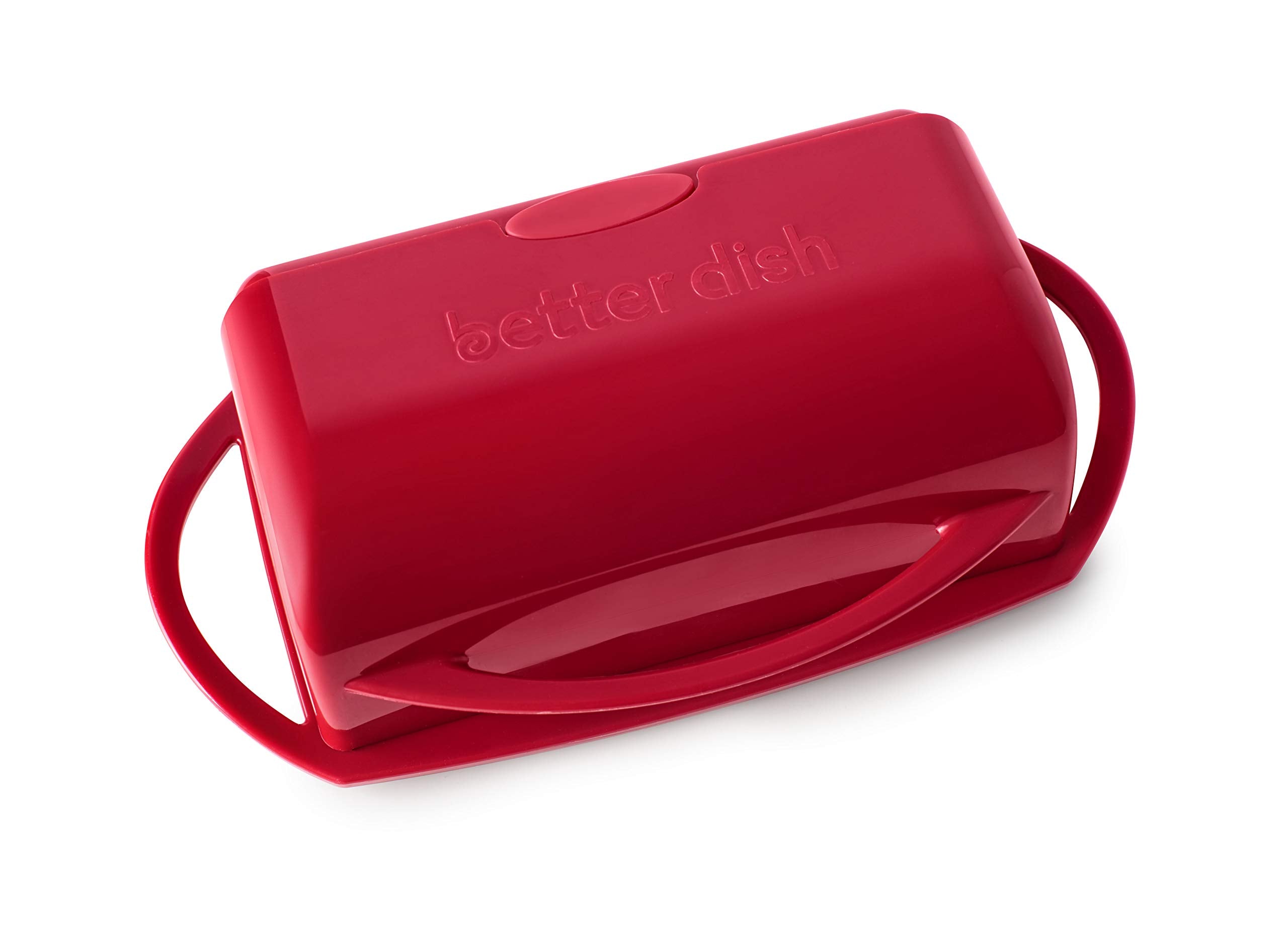 Inside view of Better Dish flips-top butter dish in red showing roomy interior