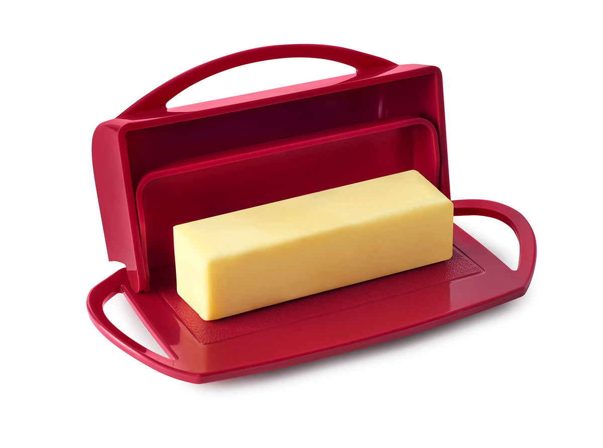 Better Dish red butter dish with lid closed, protects butter and keeps counter clean