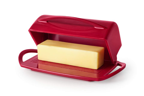 Side profile of Better Dish red butter dish illustrating compact storage and flip-top access