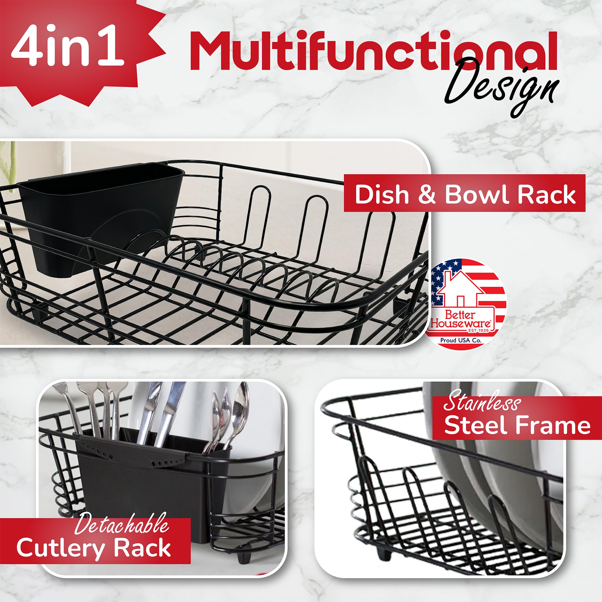 Better Houseware open-wire dish rack design drains directly into sink
