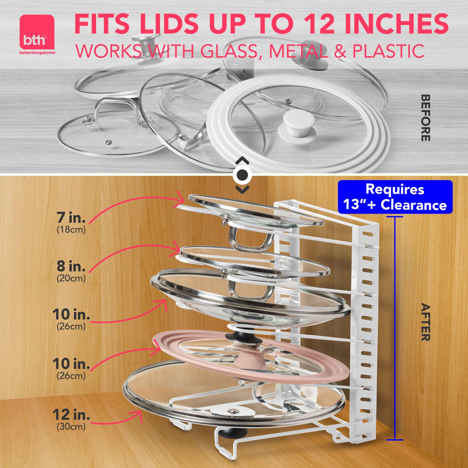 Better Things Home adjustable dividers enable flexible lid spacing for mixed lids.