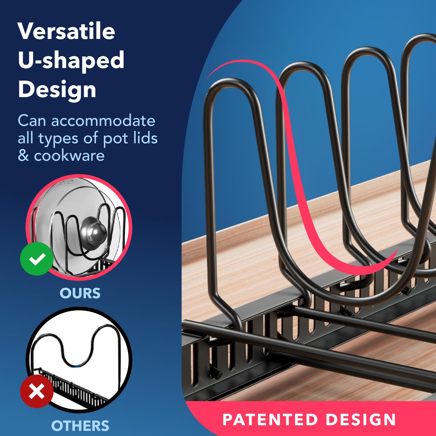 Better Things Home all-in-one cabinet organizer neatly holds lids and small cookware.